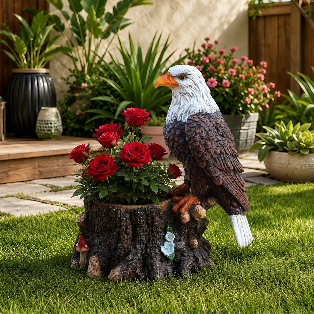 Realistic Standing Eagle Garden Planter on Tree Stump