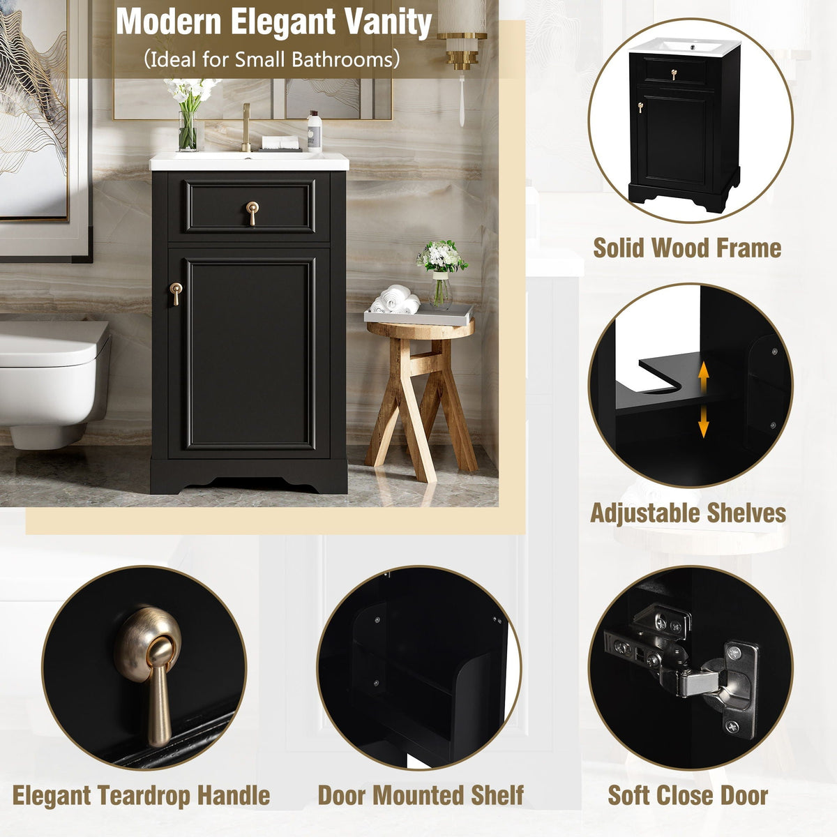 Elegant Bathroom Vanity With Ceramic Sink, Soft Close Door, Adjustable Shelf