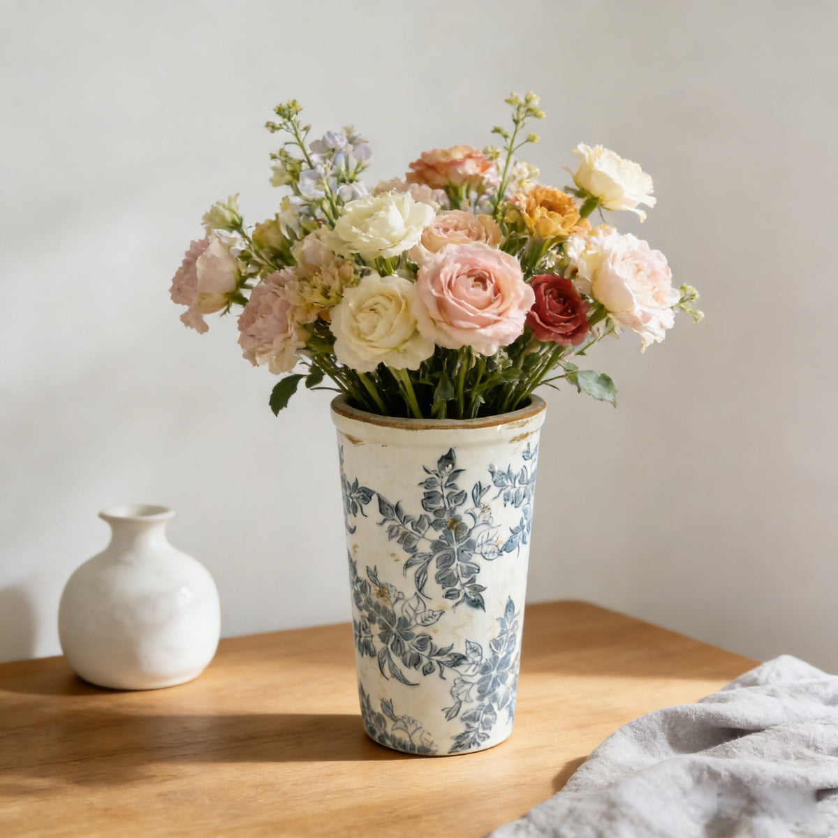 Ceramic Flower Vase with Wide Mouth - Distressed White & Black