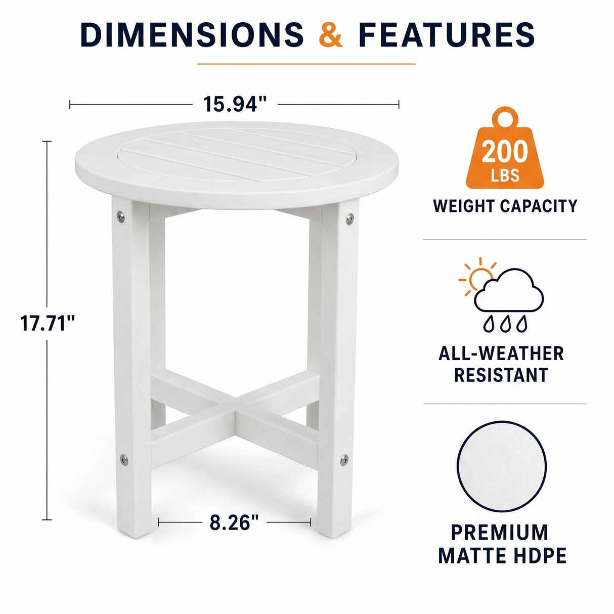 White HDPE Outdoor Side Table, 16 in. Round All-Weather Patio End Table