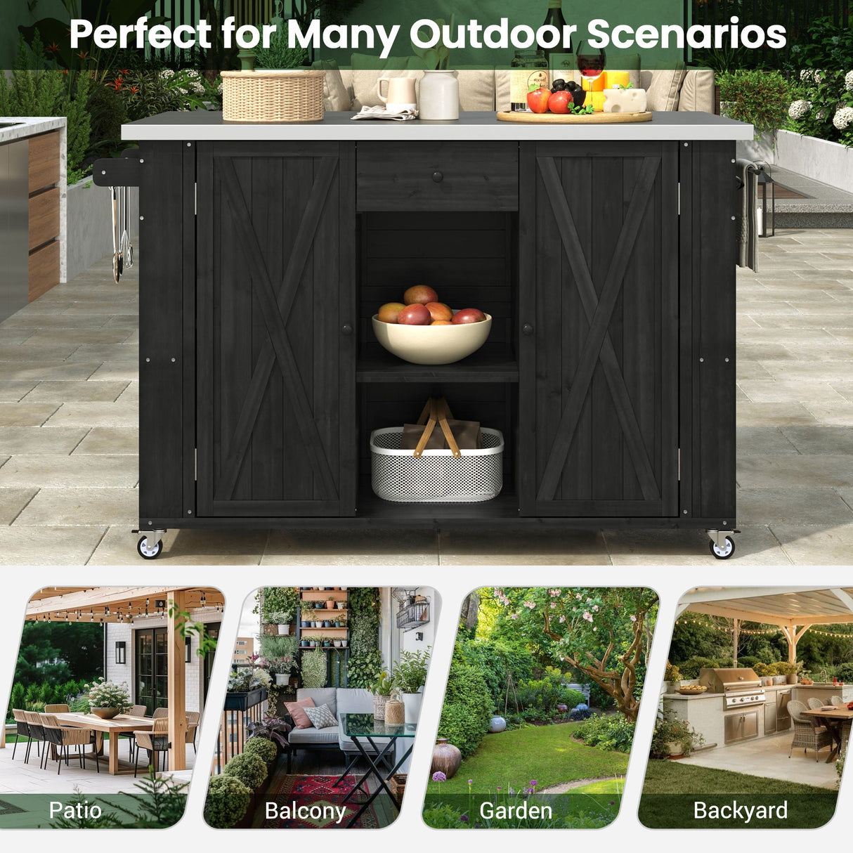Outdoor Kitchen Island With Stainless Steel Top, Ample Storage Space, Towel And Spice Racks And A Bottle Opener