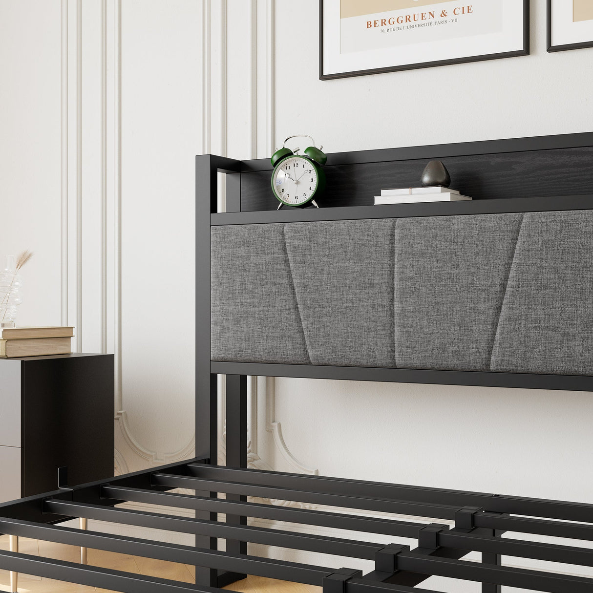 Queen Size Bed Frame with Storage Headboard and Charging Station