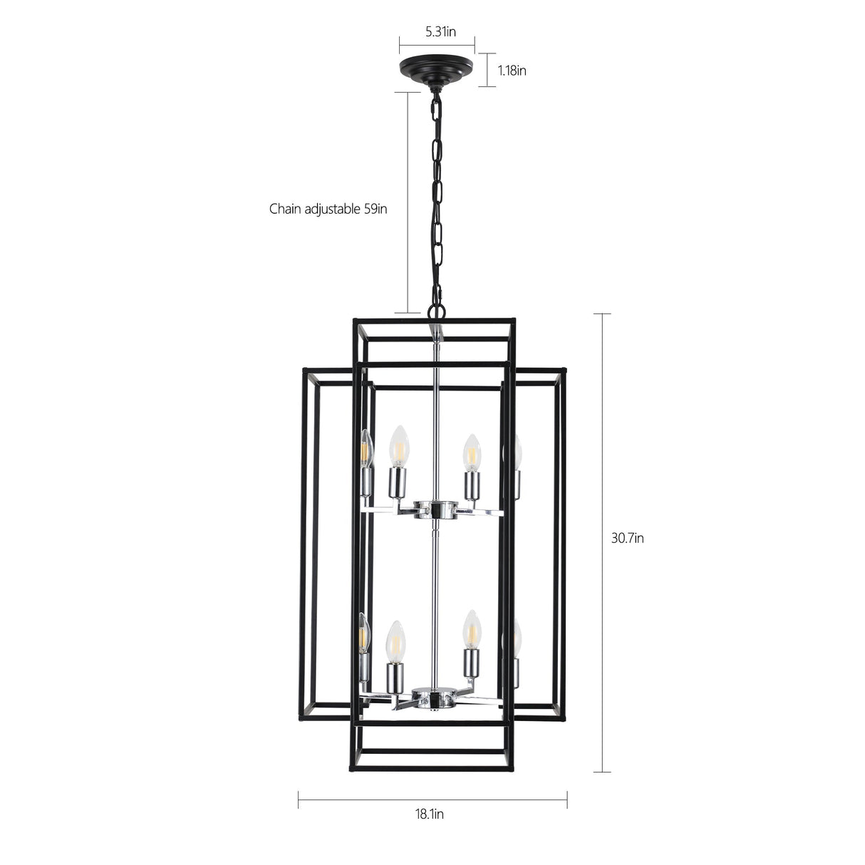 18' Modern 8-Light Black & Chrome Geometric Pendant Chandelier, Industrial Metal Frame, Adjustable Hanging Light for Living Room, Dining Room, Kitchen (No Bulbs)