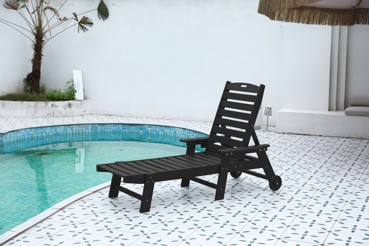 Wood Texture Outdoor Lounge Chair with Adjustable Backrest - Black