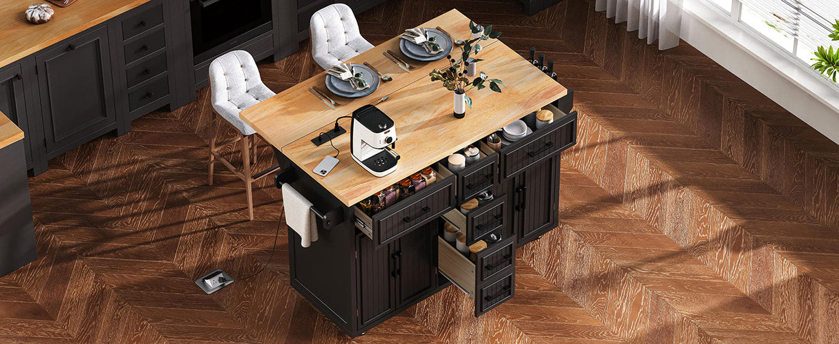 K&K 56.5'' Kitchen Island with Drop Leaf, Power Outlet