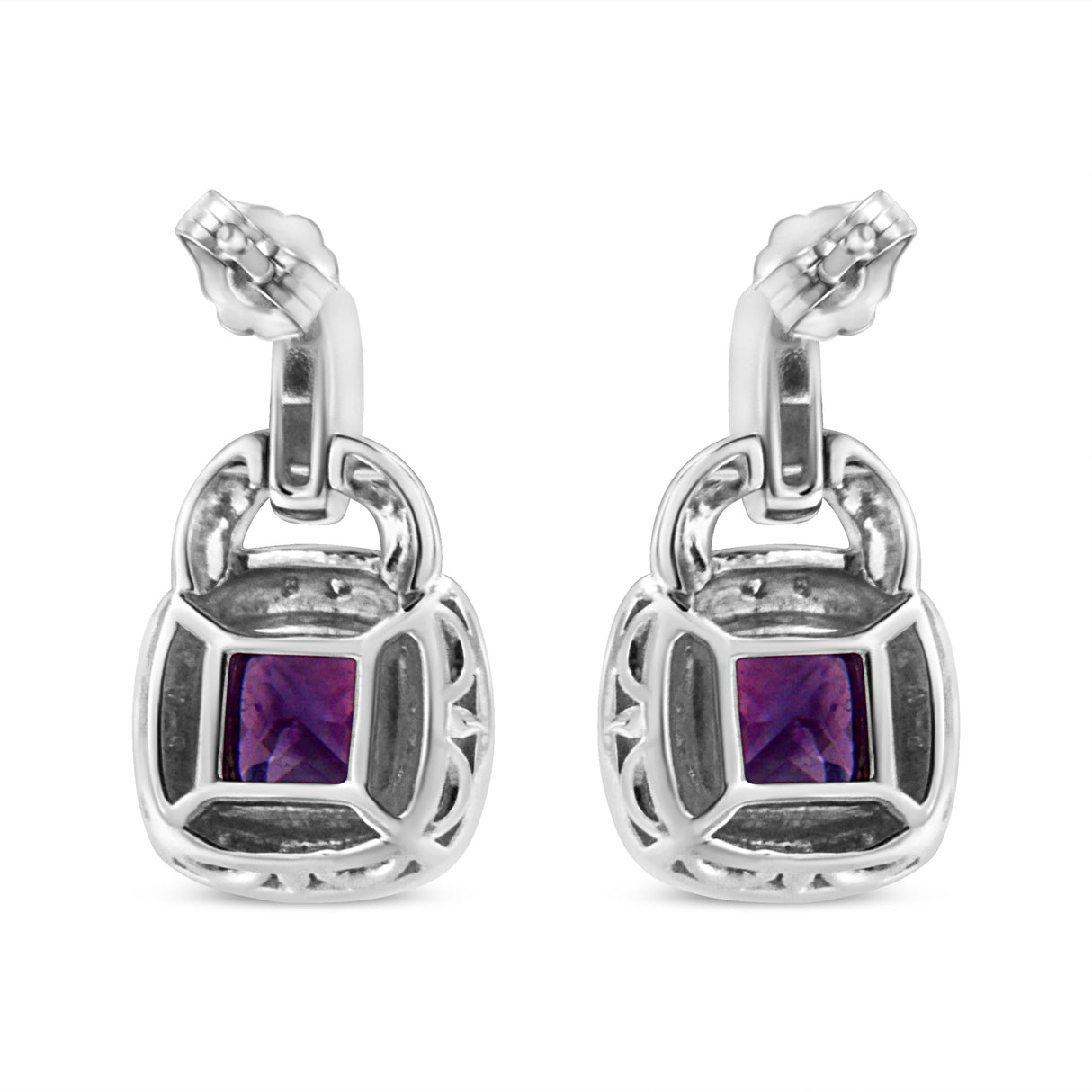 .925 Sterling Silver 8MM Natural Cushion Shaped Amethyst and Diamond Accent Halo with Push Back Dangle Earrings (I-J Color, I2-I3 Clarity)