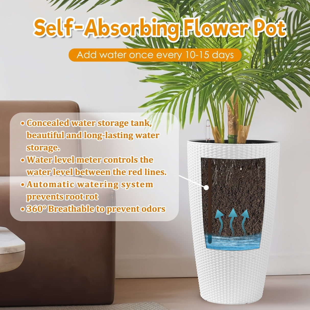 Faux Rattan Tall Planters Set with Water Level Monitor and Automatic Watering