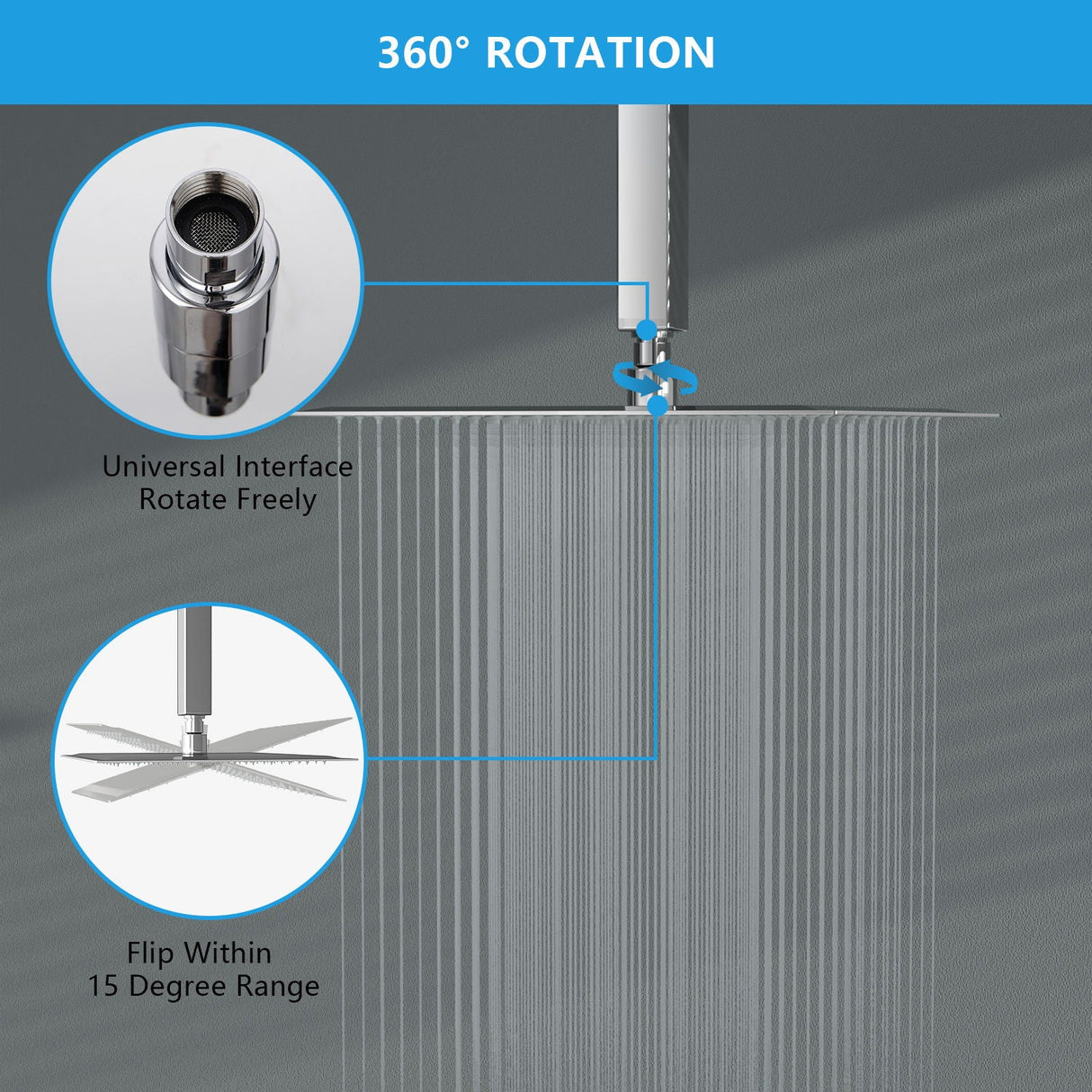 16" Square Rainfall Shower Head Fixed Wall Mount With Full Body Coverage & Self Cleaning Silicone Nozzles