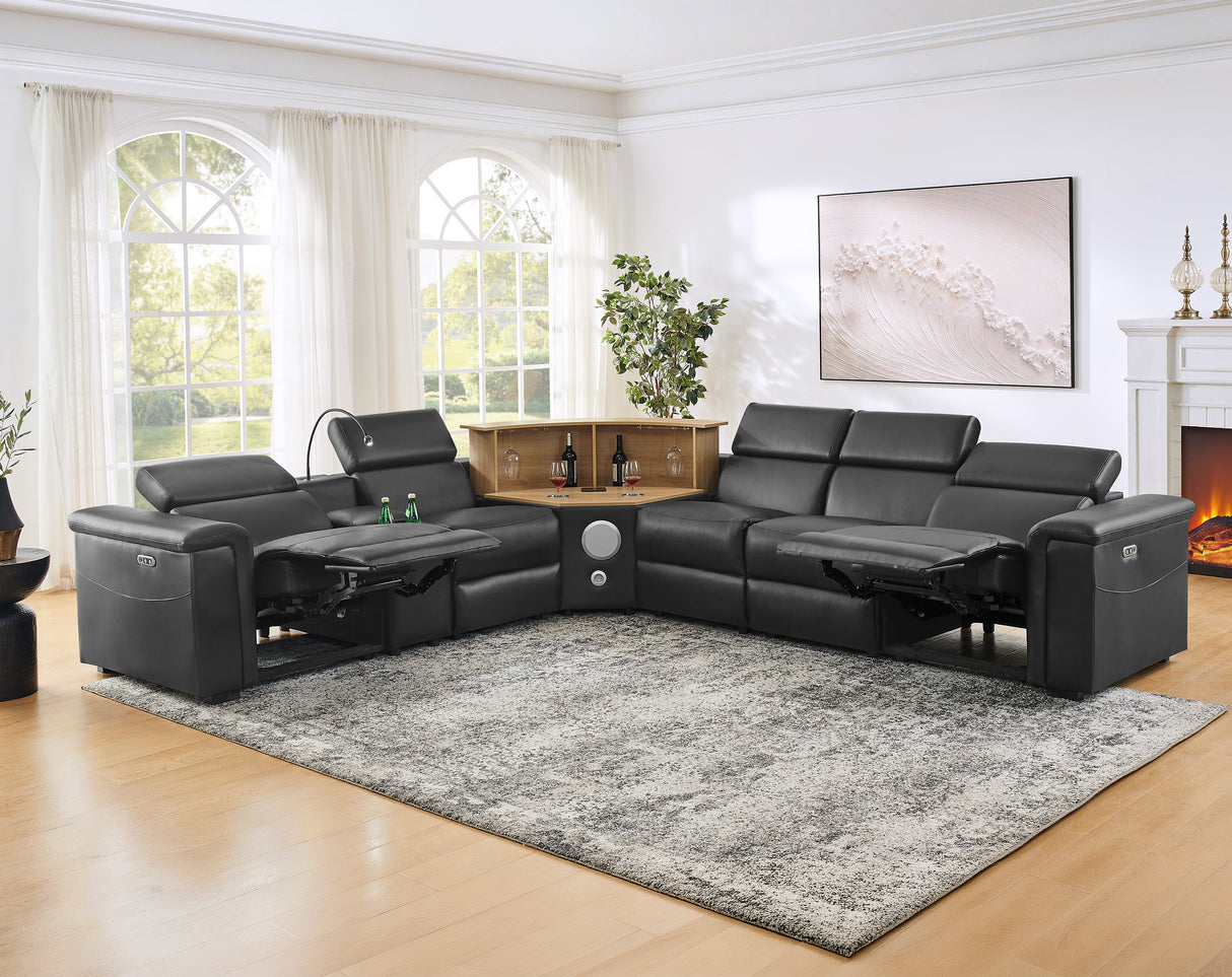 5-Seater Air Leather L-Shaped Powered Recliner Sofa Set with Motorized Lift Cabinet