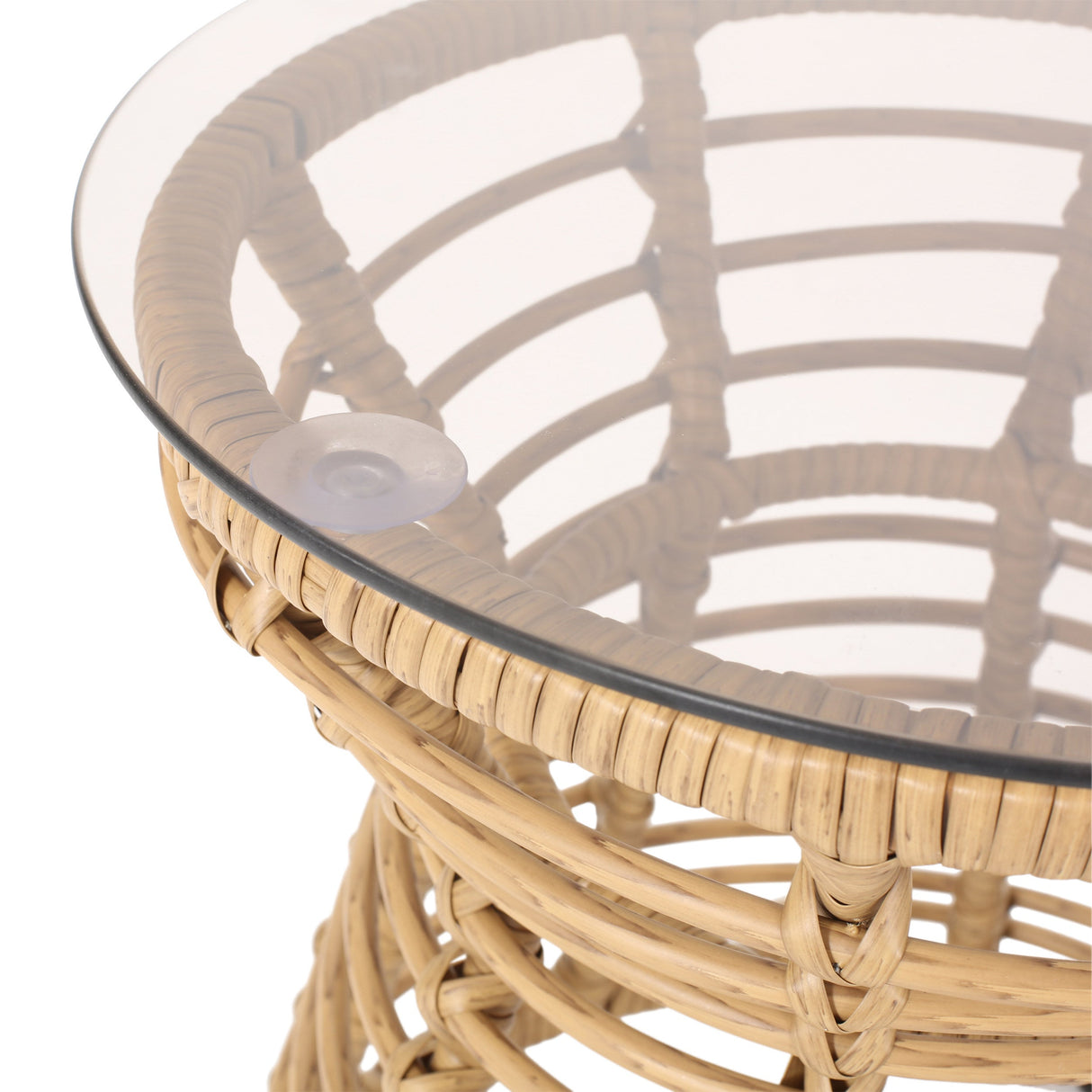 San Pedro Boho Style Side Table with Tempered Glass Top in Light Brown Rattan