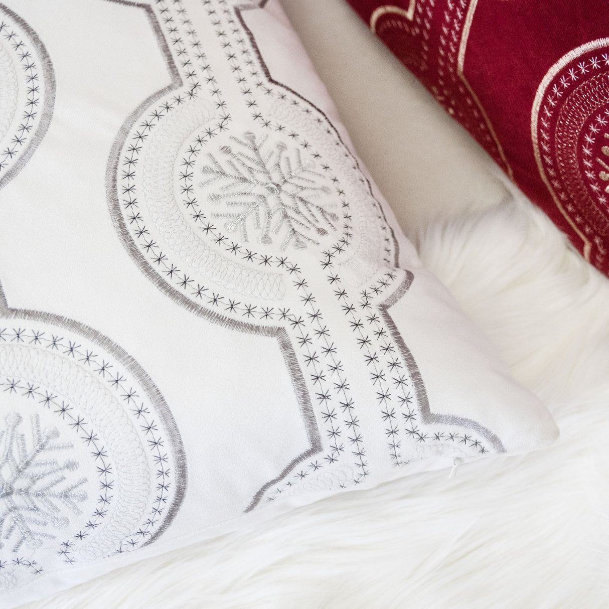 White Holiday Embroidered Velvet Throw Pillow with Insert 20x20 Set of 2