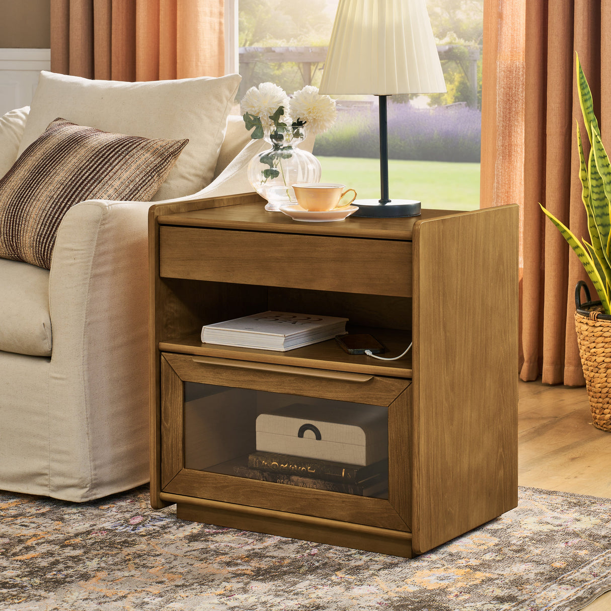 Mid Century Modern Nightstand with Charging Station & 2 Drawers