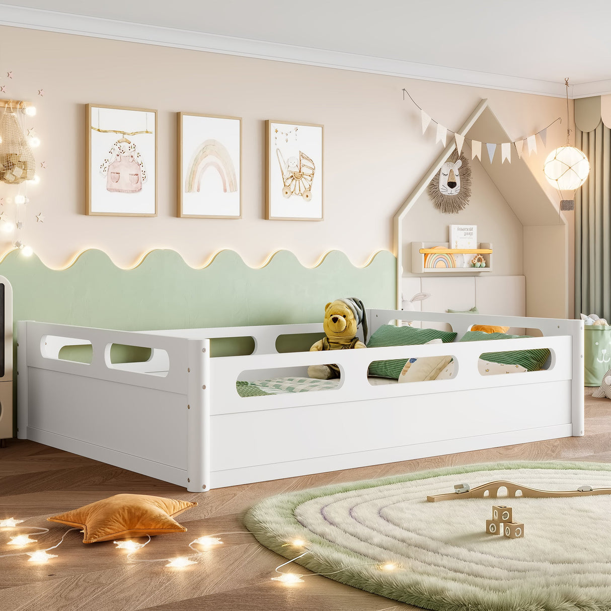 Full Size Floor Platform Bed with Full-length Guardrails