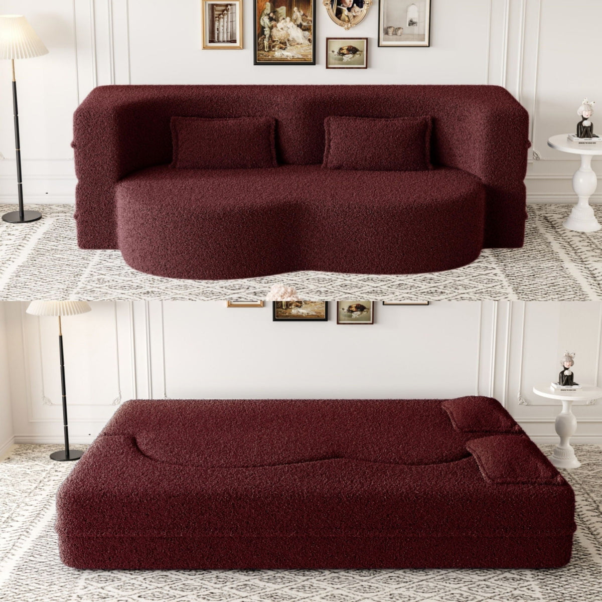 Modern Floor Sofa with 2 Pillows, Convertible Teddy Fabric Foam Filled Bed