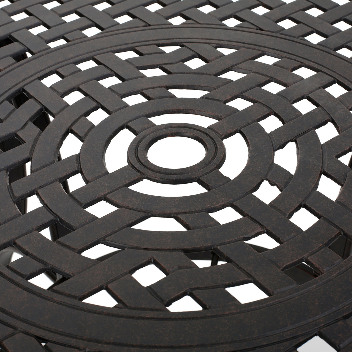 Outdoor cast aluminum circular dining table, bronze