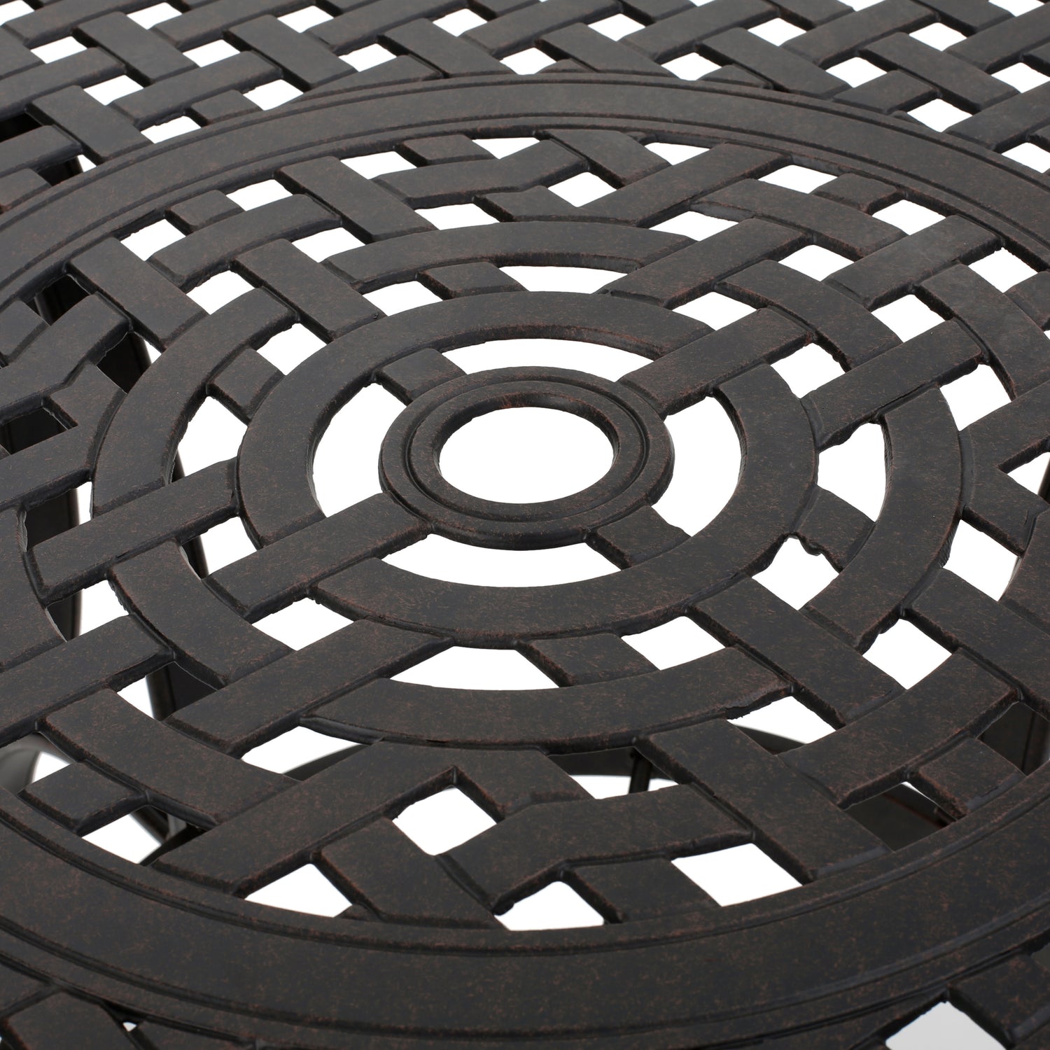 Outdoor cast aluminum circular dining table, bronze