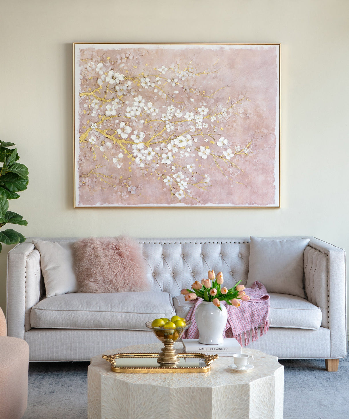 59.1x47.2' Hand-Painted Cherry Blossom Canvas Art with Blush Pink and White Finish