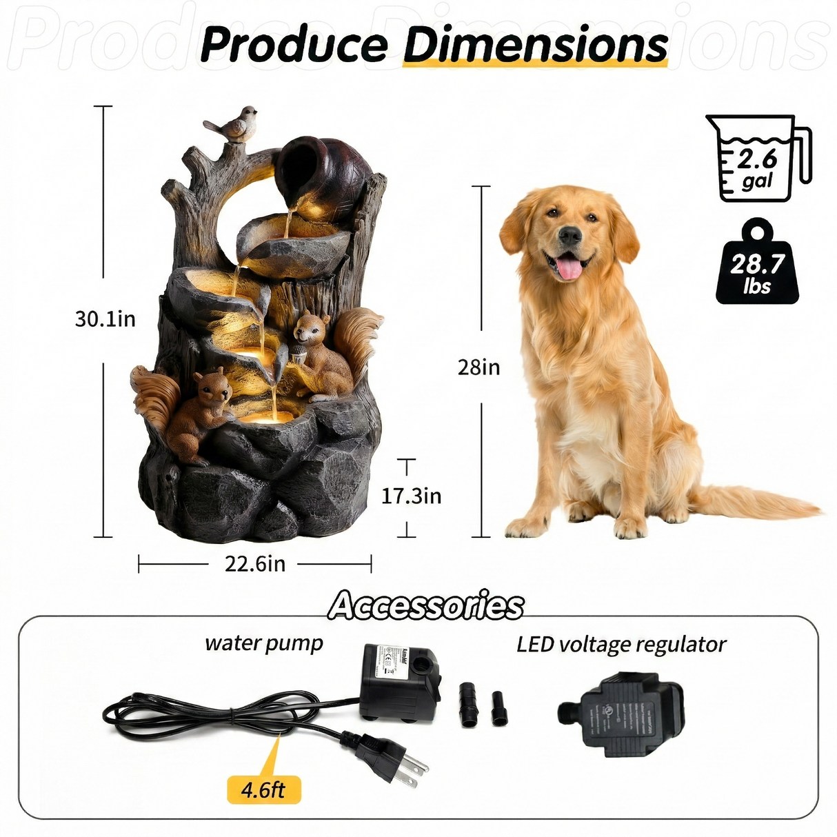 Squirrel Outdoor Water Fountain with Lights