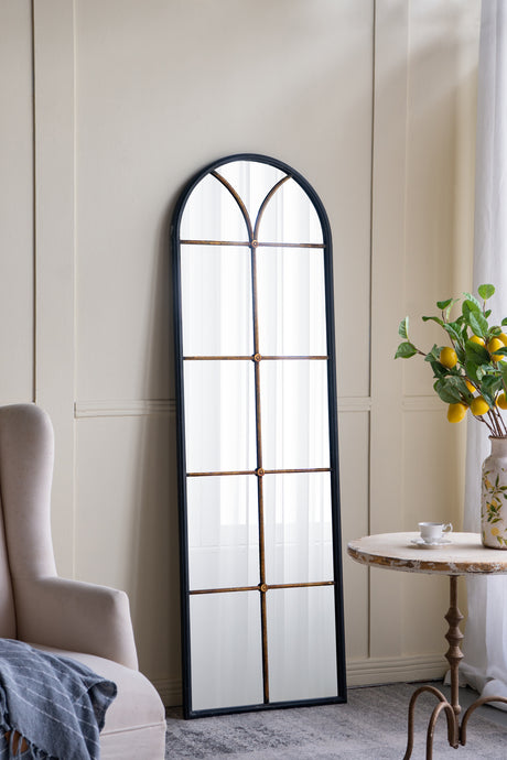 23.5x74.5'-Arched-Floor-Mirror-with-Black-and-Gold-Windowpane-Design-Mirrors