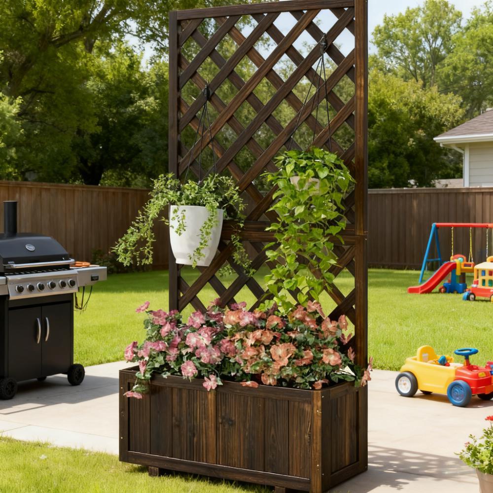 Wooden Raised Garden Bed Planter with Trellis and Drain Holes