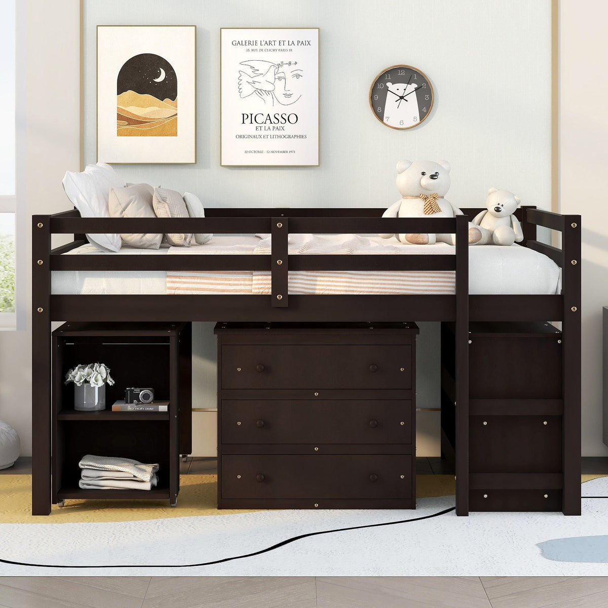 Loft Low Study Bed With Cabinet, Shelves And Rolling Portable Desk, Multiple Functions