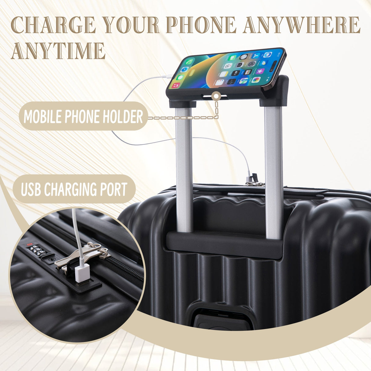 ABS Spinner Wheel Luggage Carry On Suitcase with Cup Holder and USB Port