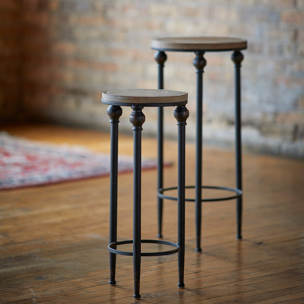 Round-Wood-and-Metal-Plant-Stand-Table-(Set-of-2)-Table-&-Bar-Stools