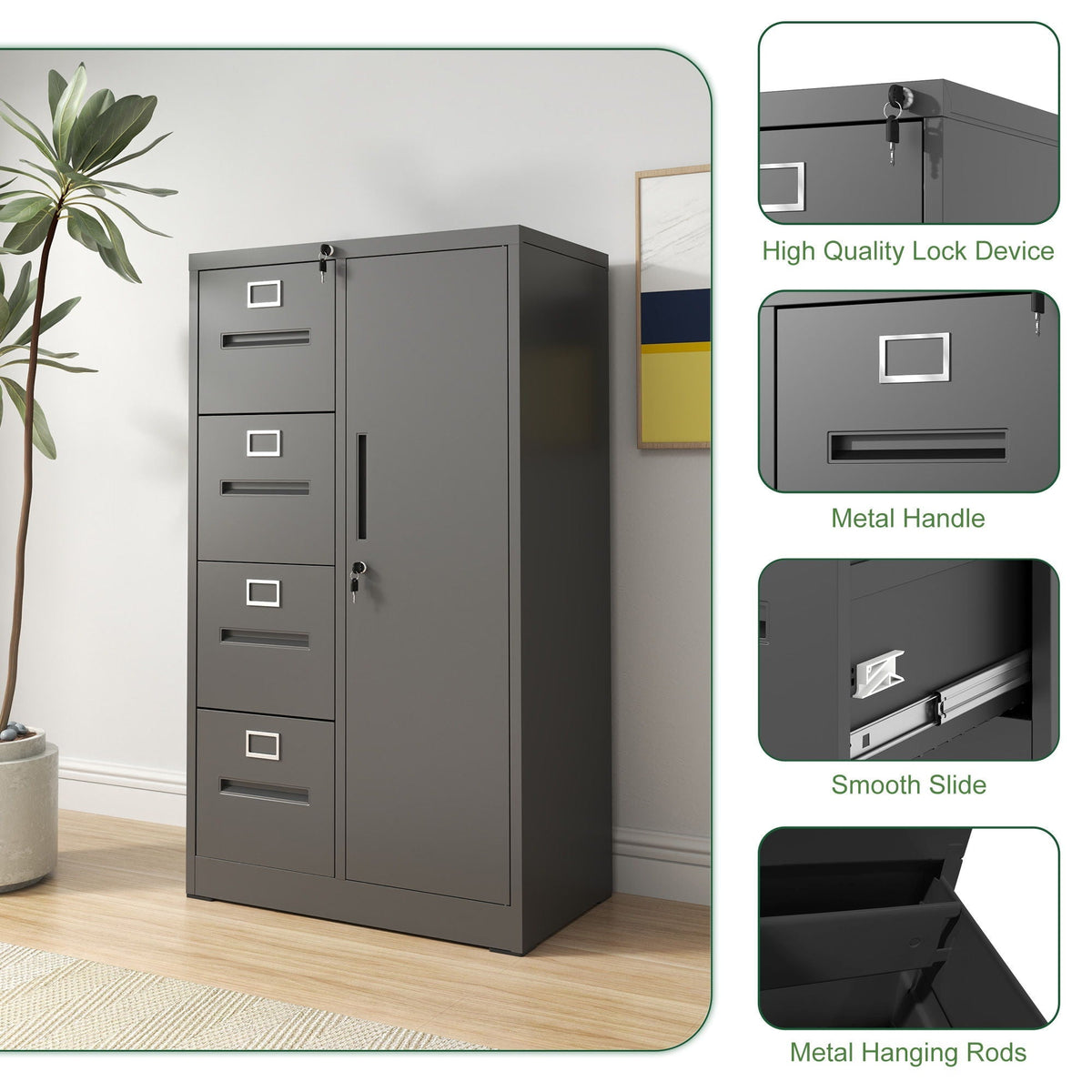 Metal Storage Vertical Filing Cabinet With Lock, 4 Drawers, 1 Door, Steel Construction, School / Office Use