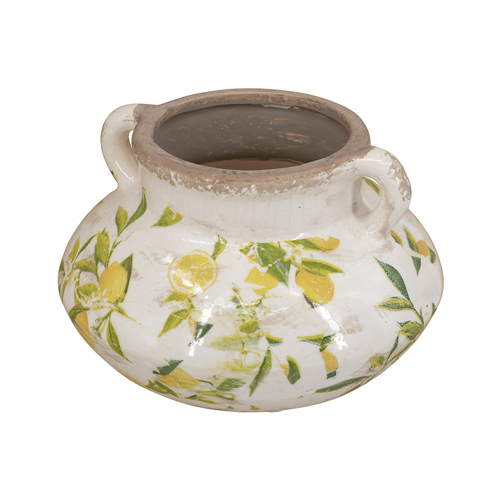 8.1x8.1x5.2" Wide Ceramic Planter with Yellow Lemon and Green Leaf Motif and Small Handles