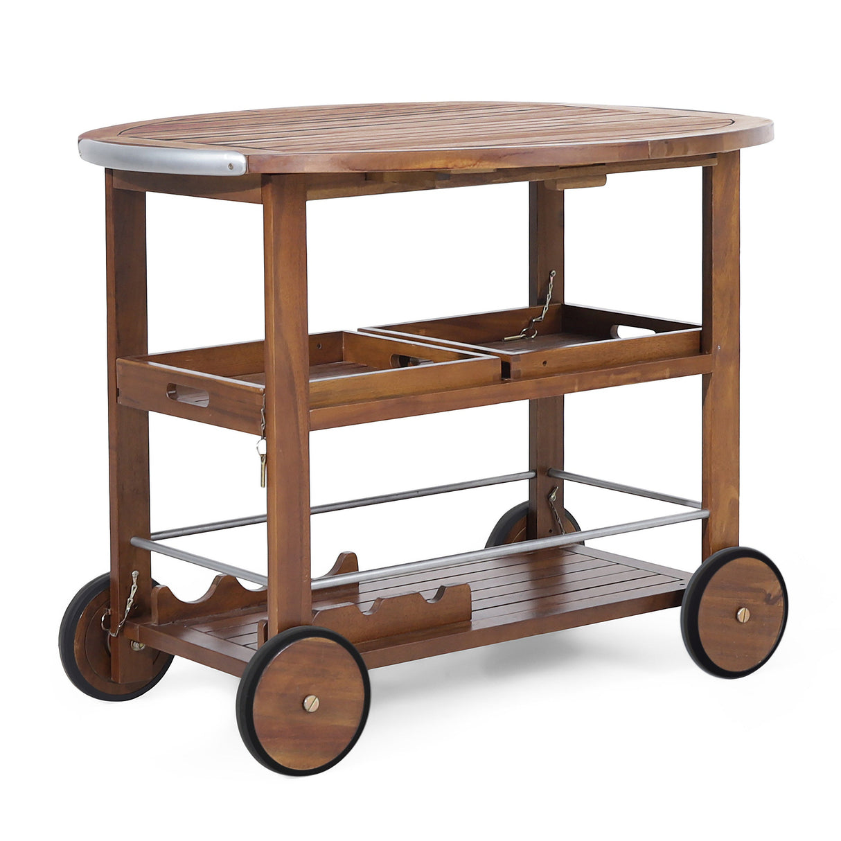 Wood and Aluminum Bar Cart with 2 Shelves, Oak and Silver