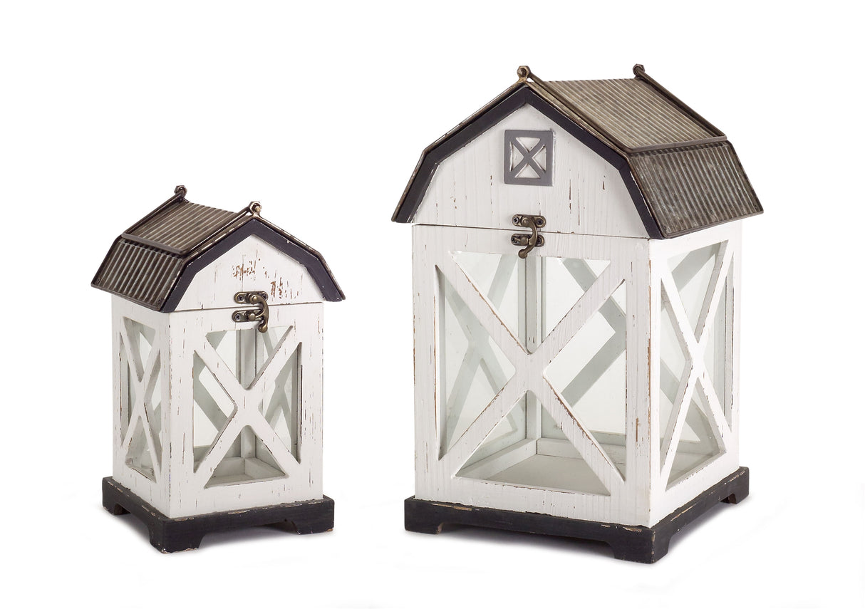 Distressed-White-Wood-Barn-Style-Lantern-(Set-of-2)-Outdoor-Lighting