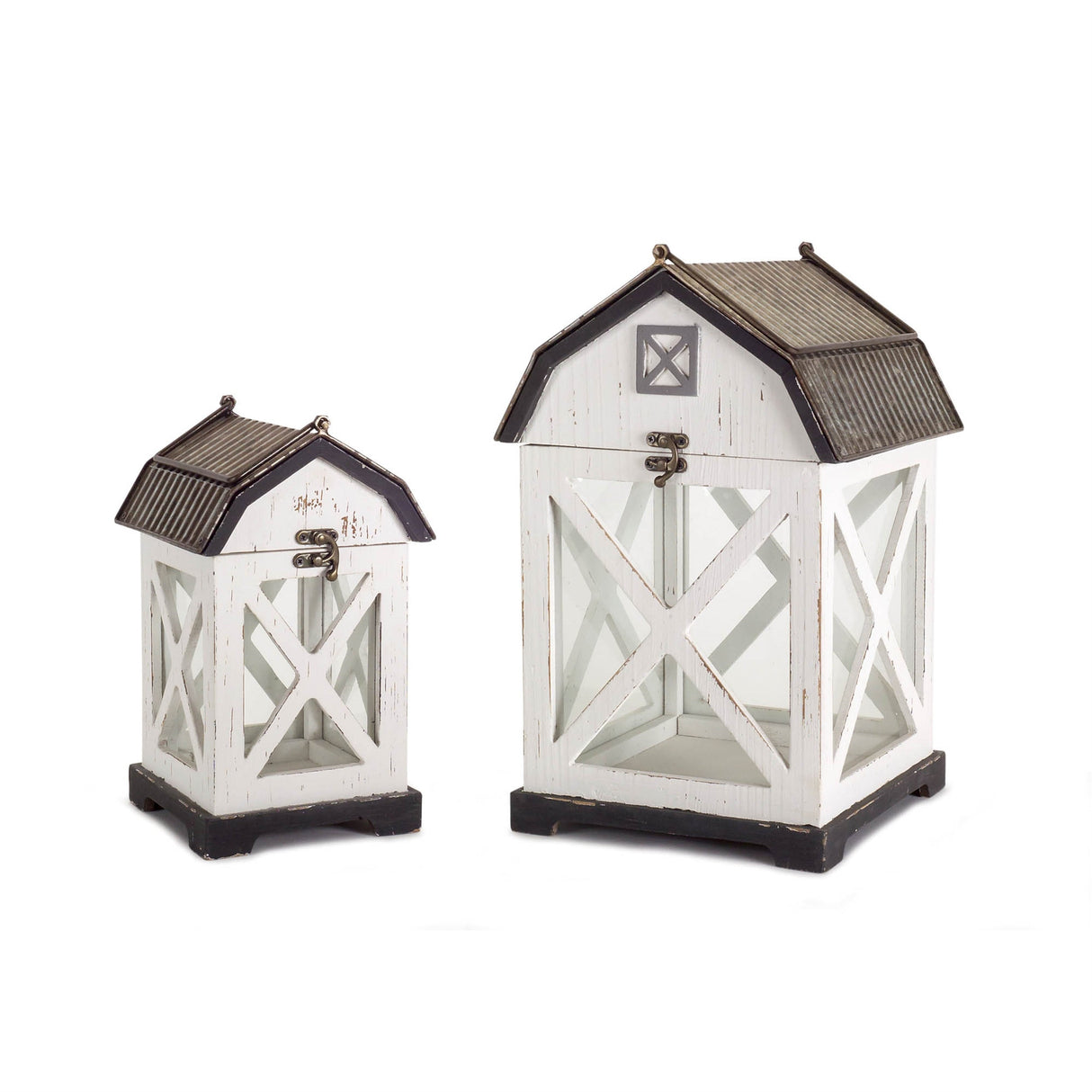 Distressed White Wood Barn Style Lantern (Set of 2)