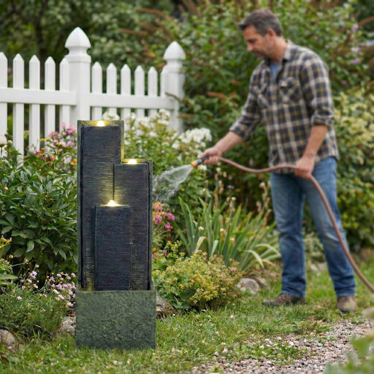 39'' H Outdoor Water Fountain Modern Cascading Freestanding Fountain with LED Lights