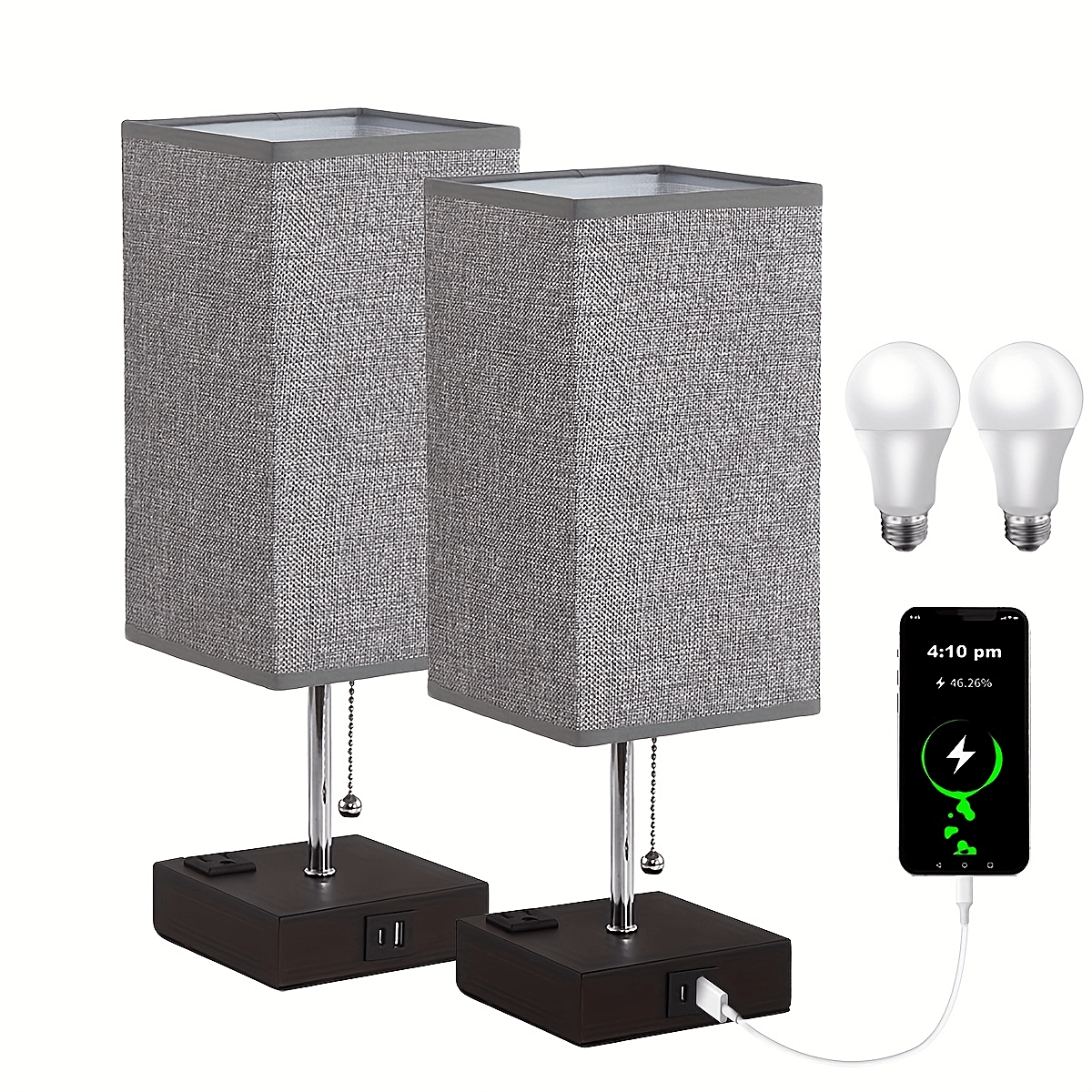 Touch Table Lamp with USB & Outlet – Modern Fabric Shade Bedside Light for Bedroom