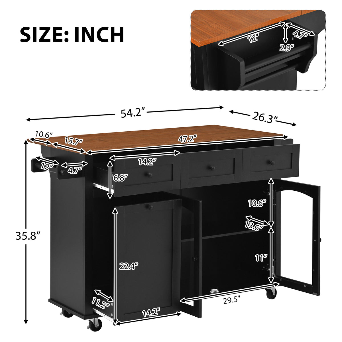54.2'' Mobile Kitchen Island with Glass Door Storage & Trash Bin