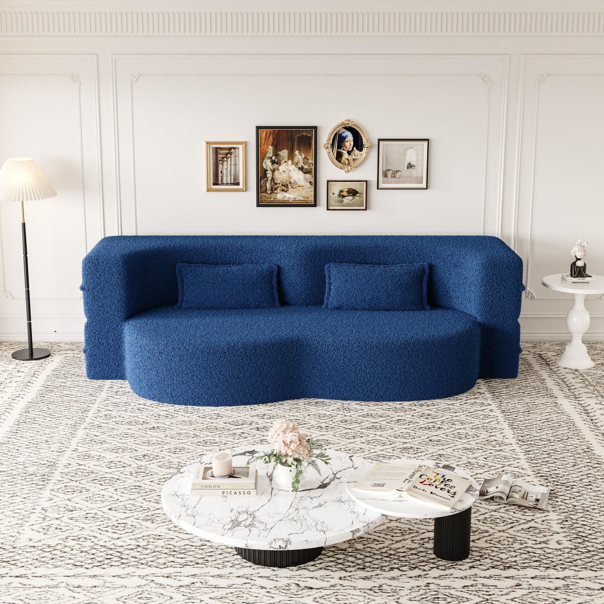 Modern Floor Sofa with 2 Pillows, Convertible Teddy Fabric Foam Filled Bed