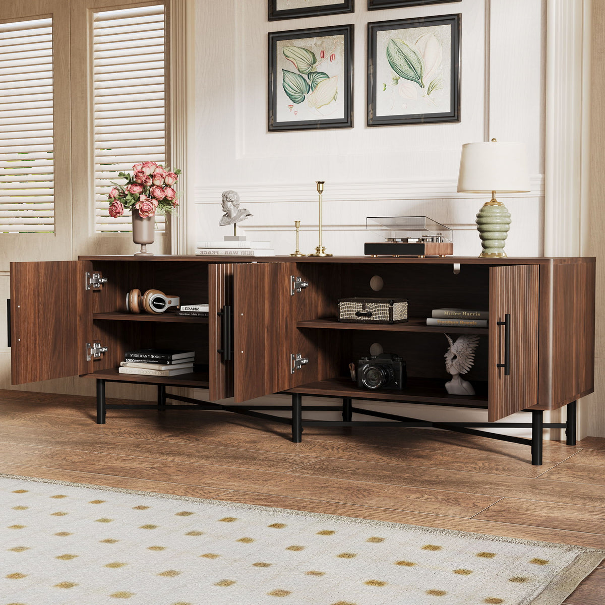 4 Door TV Cabinet, 2 Storage Spaces, Adjustable Shelves