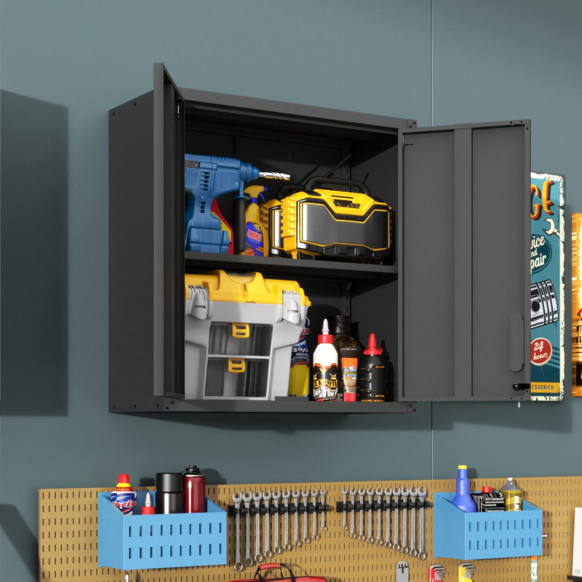 Metal Wall Mounted Tool Storage Cabinet With 2 Locking Doors, Adjustable Shelf, And Drawer