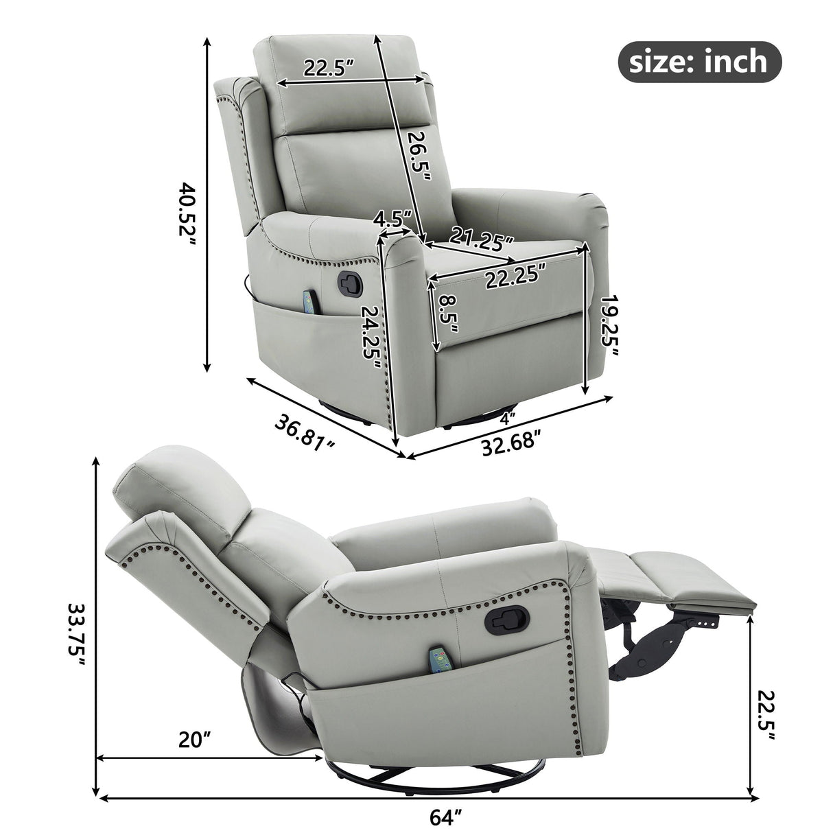 Manual Recliner Swivel Rocking Chair With 8 Point Massage And Heating