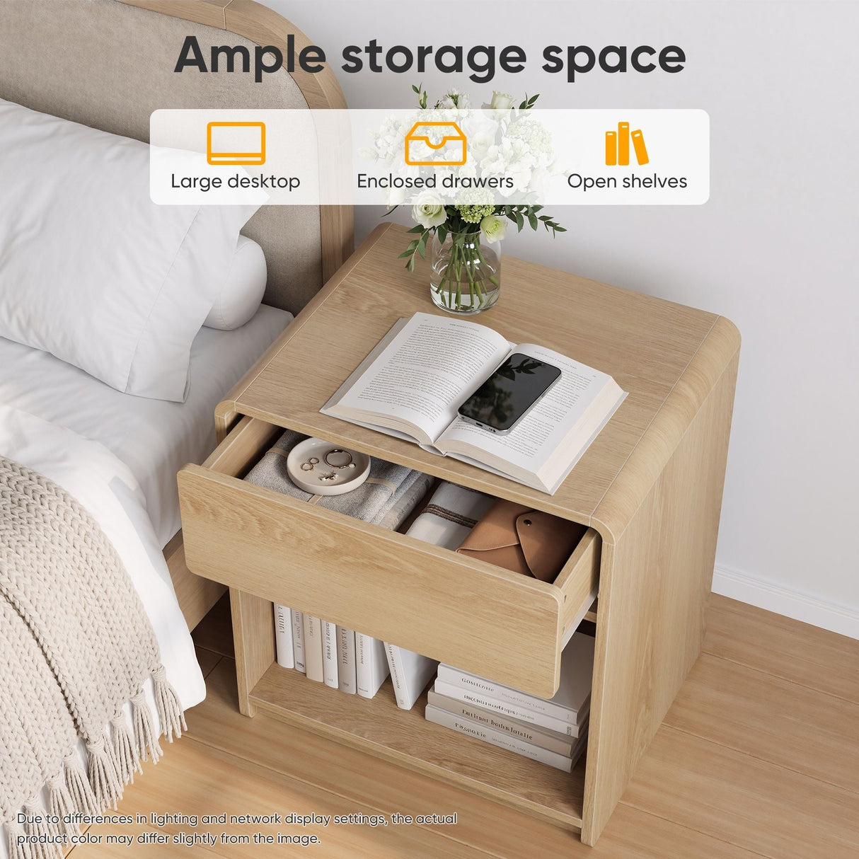 Bedside Table Set With Storage Drawers And Open Shelves, Compact With Rounded Corners (Set of 2) - Oak