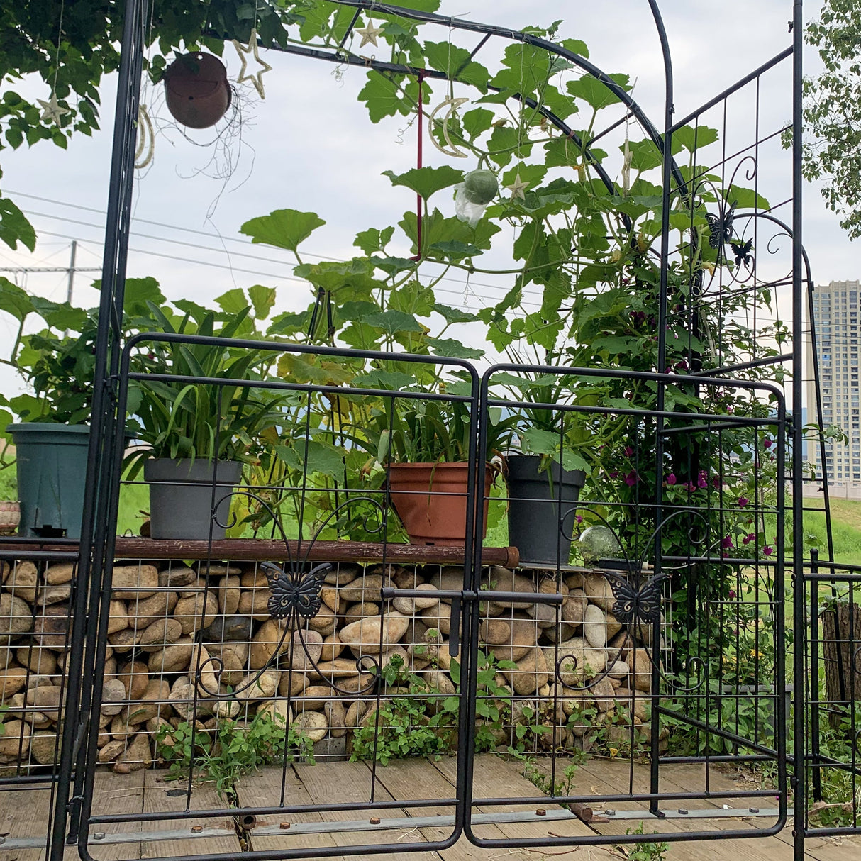 Garden Arch Arbor Trellis for Climbing Plants with Gate, Durable Metal Garden Arch Outdoor Wedding Arch, for Wedding Ceremony Party Plant Climbing Rose Vines Lawn Courtyard Patio Black, 7.15ft
