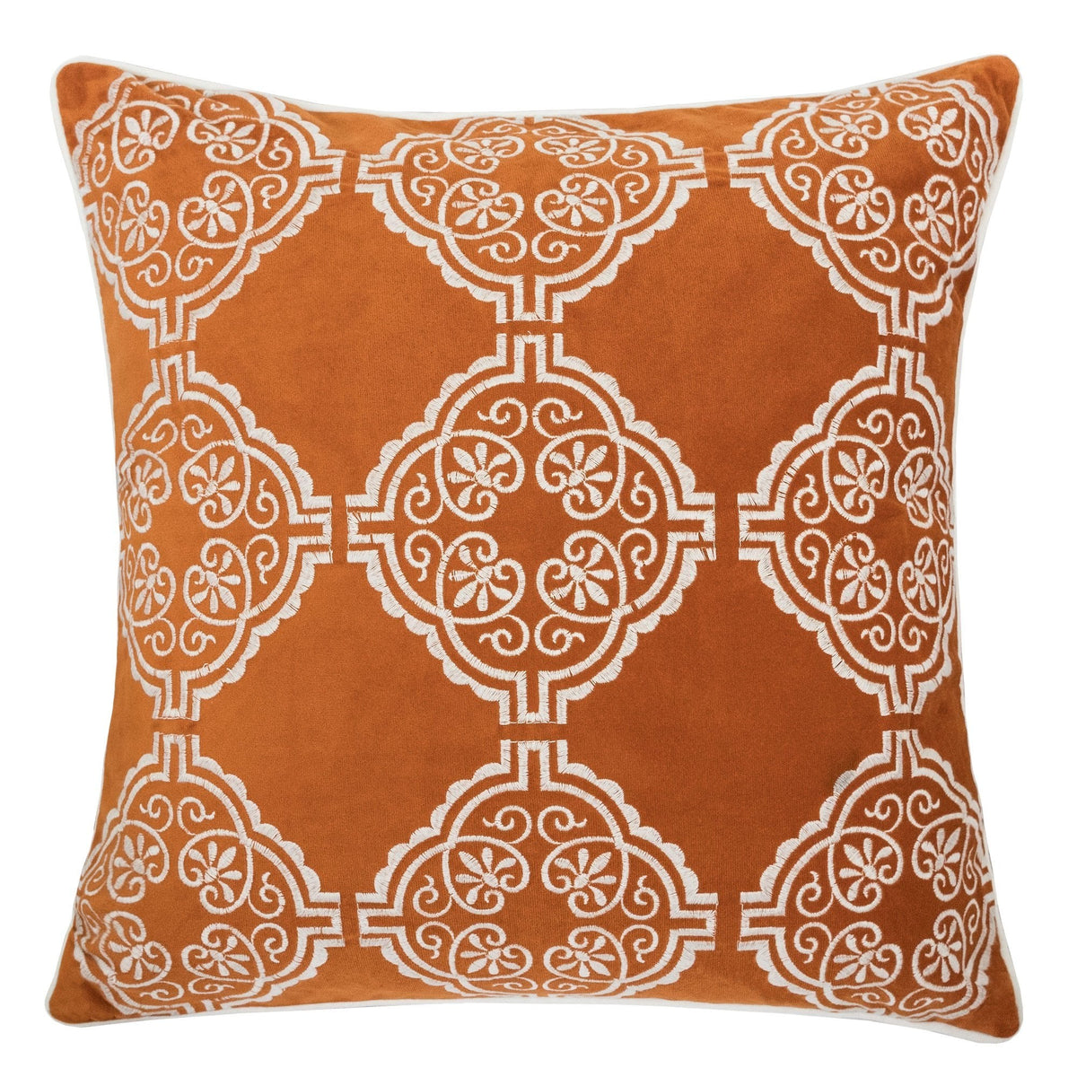 Burnt Orange Damask Embroidered Throw Pillow with Velvet Finish - Burnt Orange