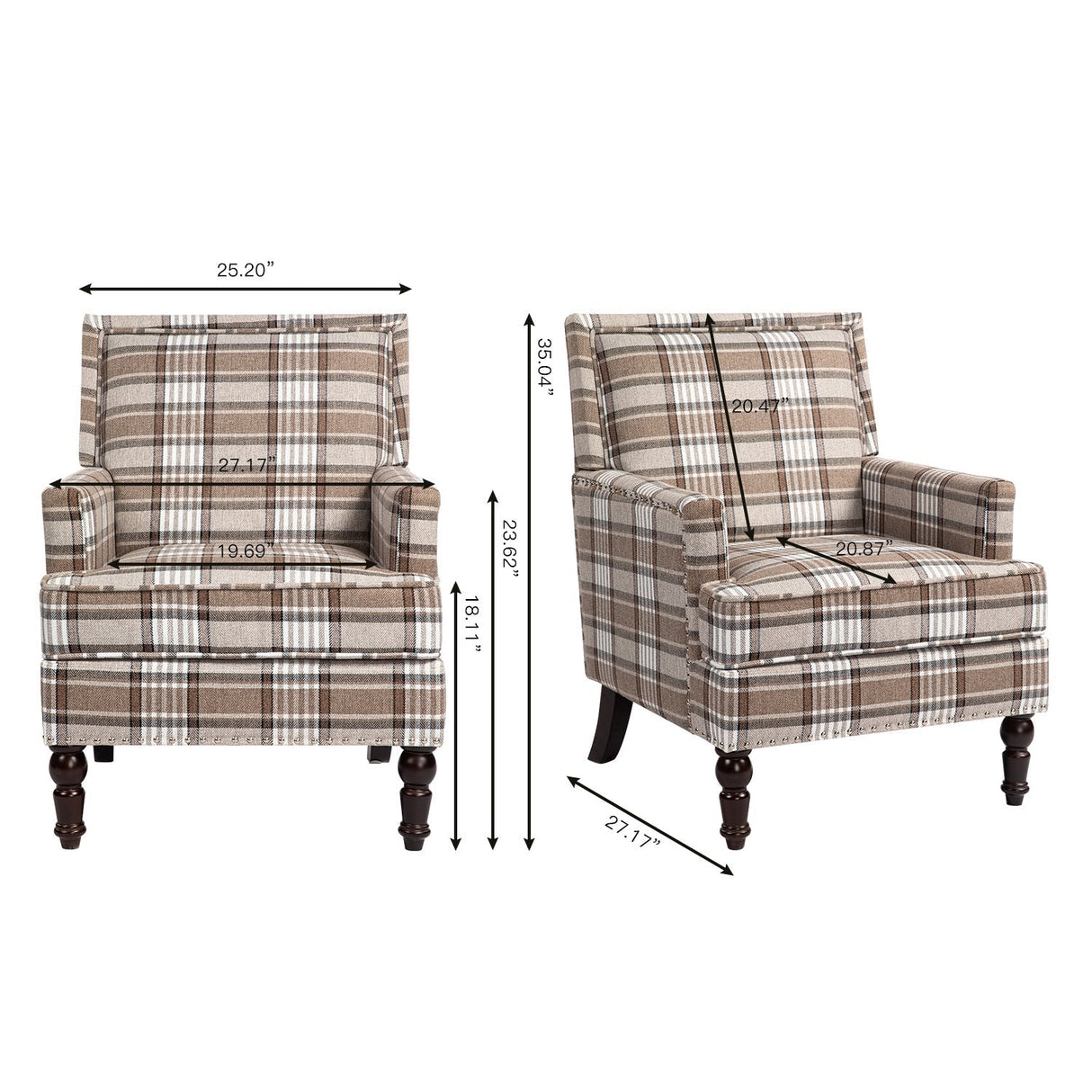 Upholstered Accent Chair with Brown Linen Fabric and Nailhead Trim