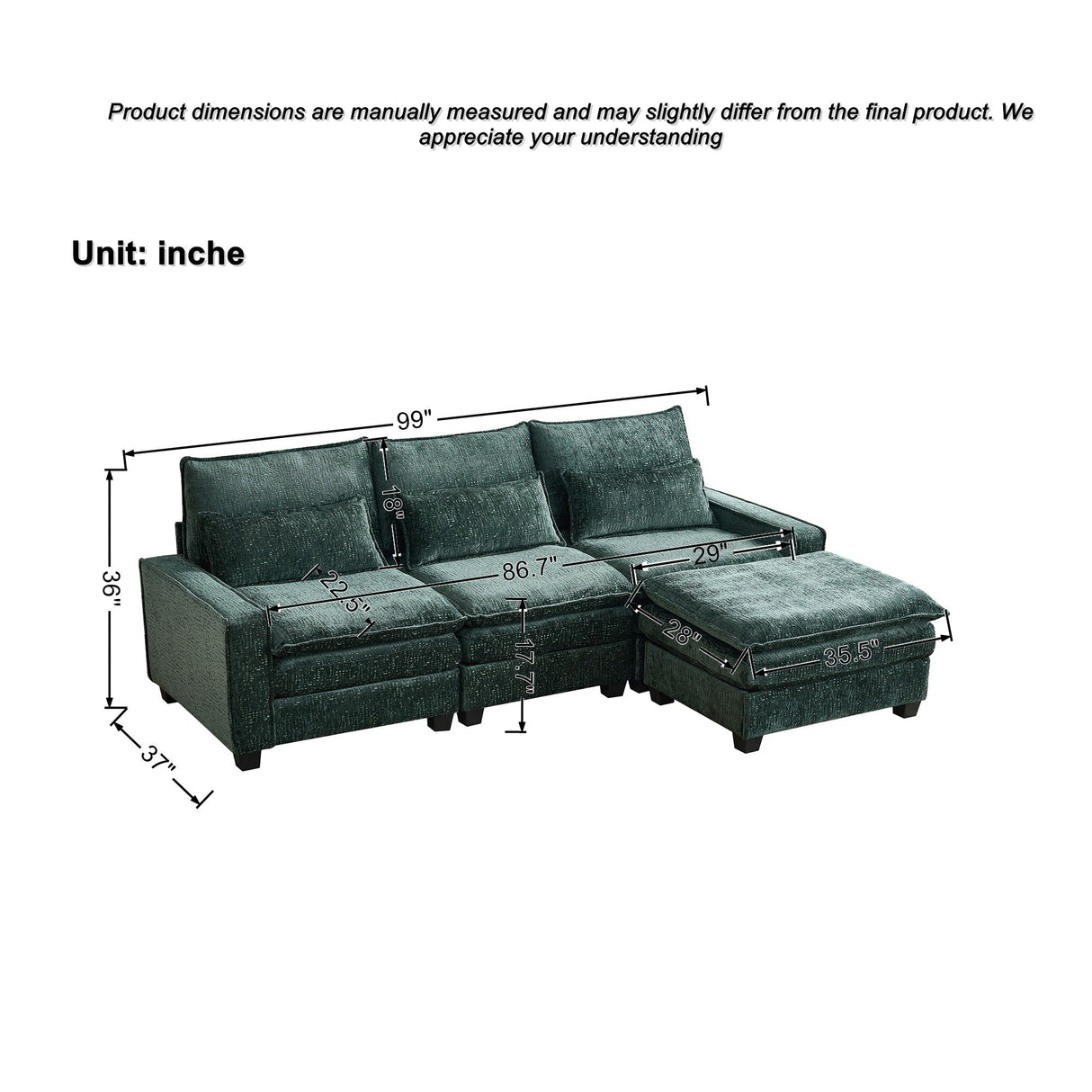 Modern Comfy Chenille L Shaped Sectional Sofa with Movable Ottoman
