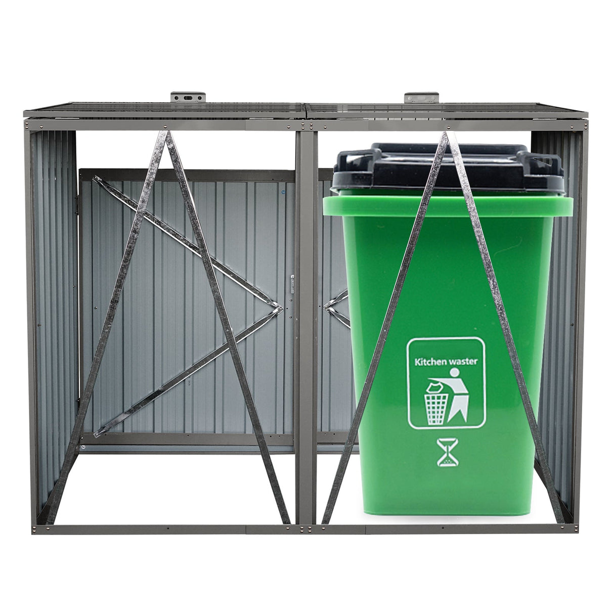 Outdoor Metal Garbage Bin Shed for Two Trash Cans
