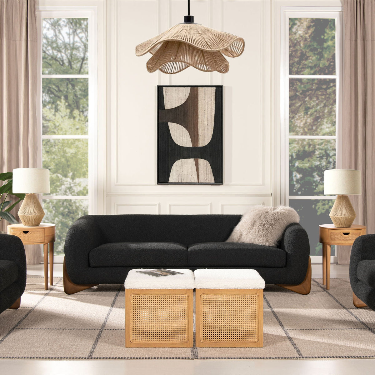 Alpine Luxurious Upholstery Sherpa Sofa with Removable Cushions - Available in White, Black, or Dark Green