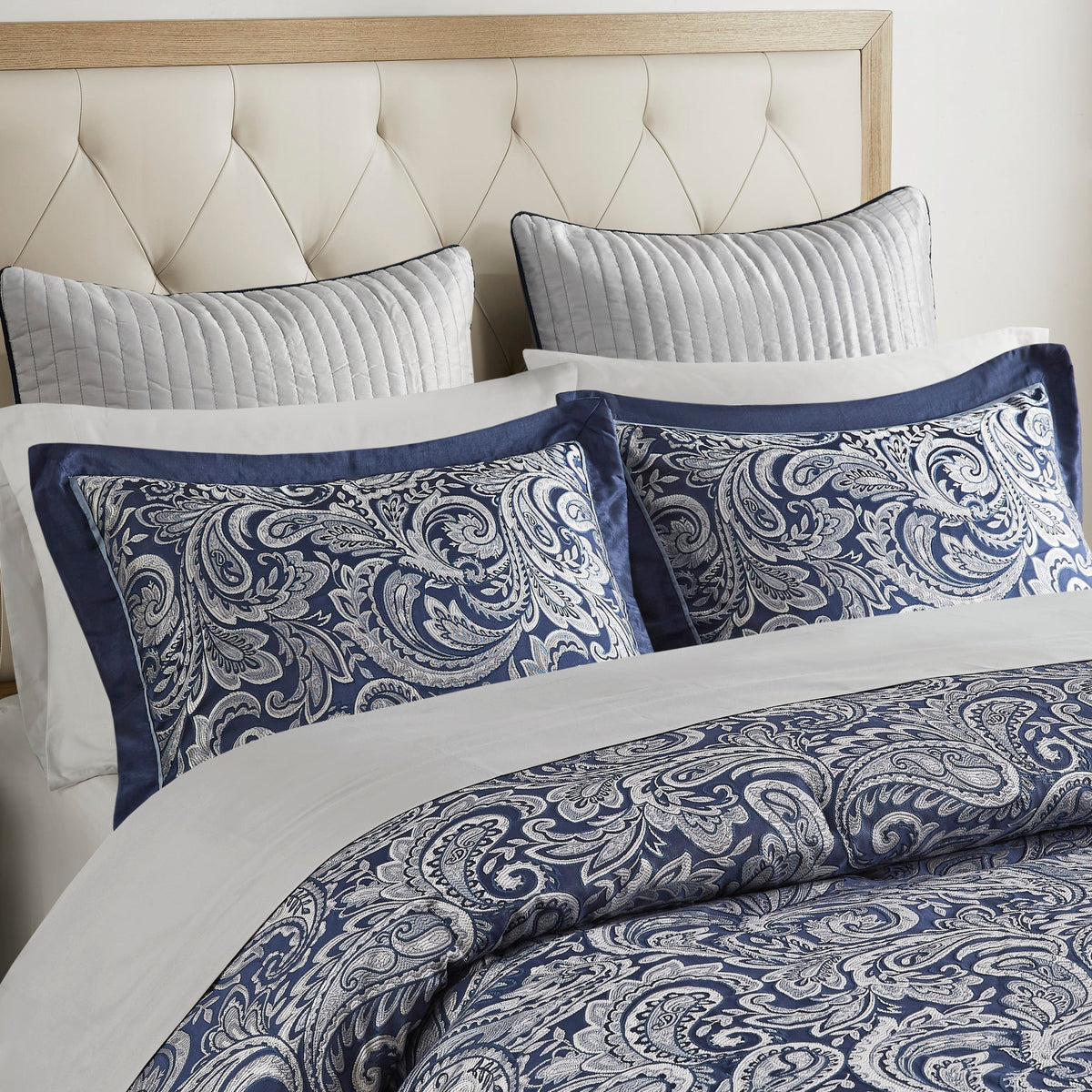 Navy 12 Piece Comforter Set with Cotton Bed Sheets - Queen, Paisley Jacquard