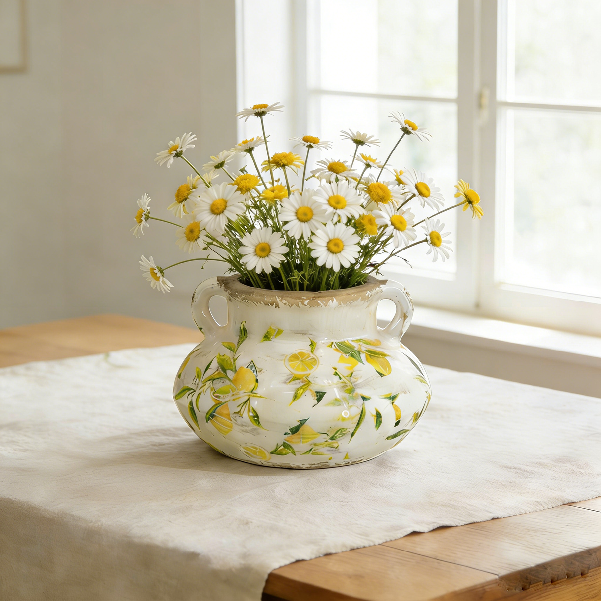 8.1x8.1x5.2" Wide Ceramic Planter with Yellow Lemon and Green Leaf Motif and Small Handles