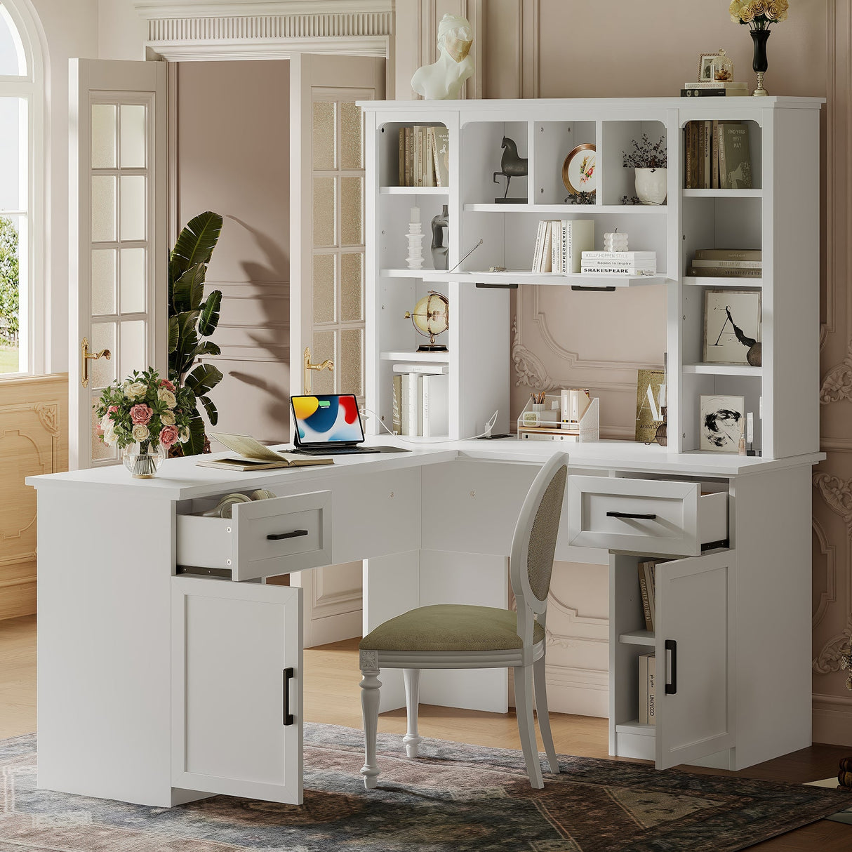 L-Shaped Computer Desk with 2 Cabinets and 2 Drawers