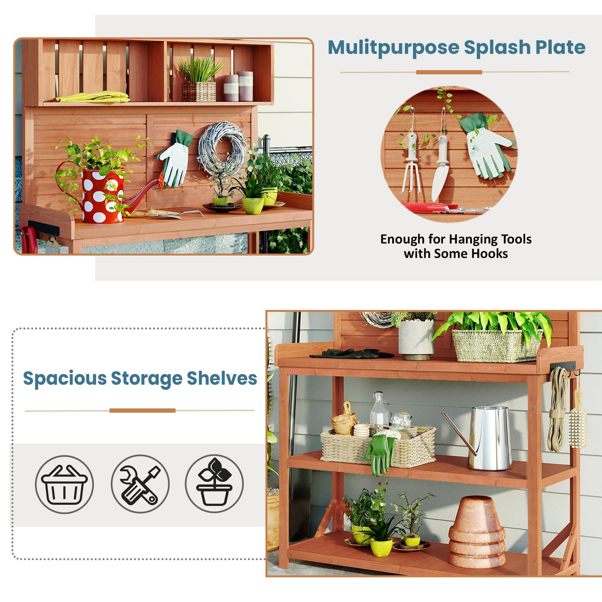 TOPMAX 65' Large Wooden Farmhouse Rustic Outdoor Potting Bench Table